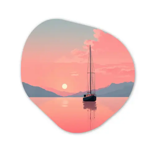 Zeilboot - Roze zee - Zonsondergang - Bergen Wandcirkel Organisch Forex 3mm klein -3d
