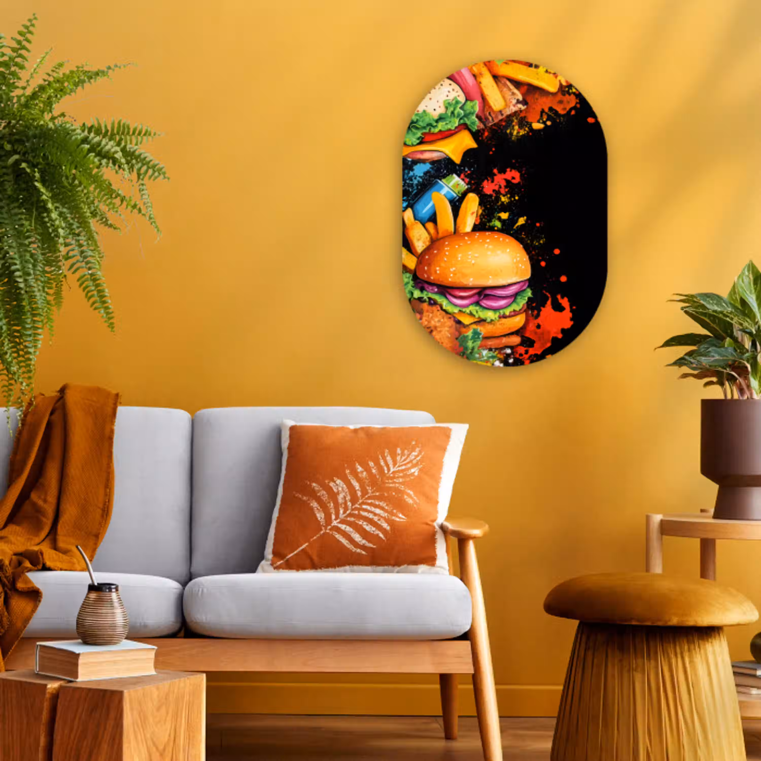 Fastfood - Graffiti - Hamburger - Eten - Modern Wandcirkel Ovaal Forex klein -sfeer4