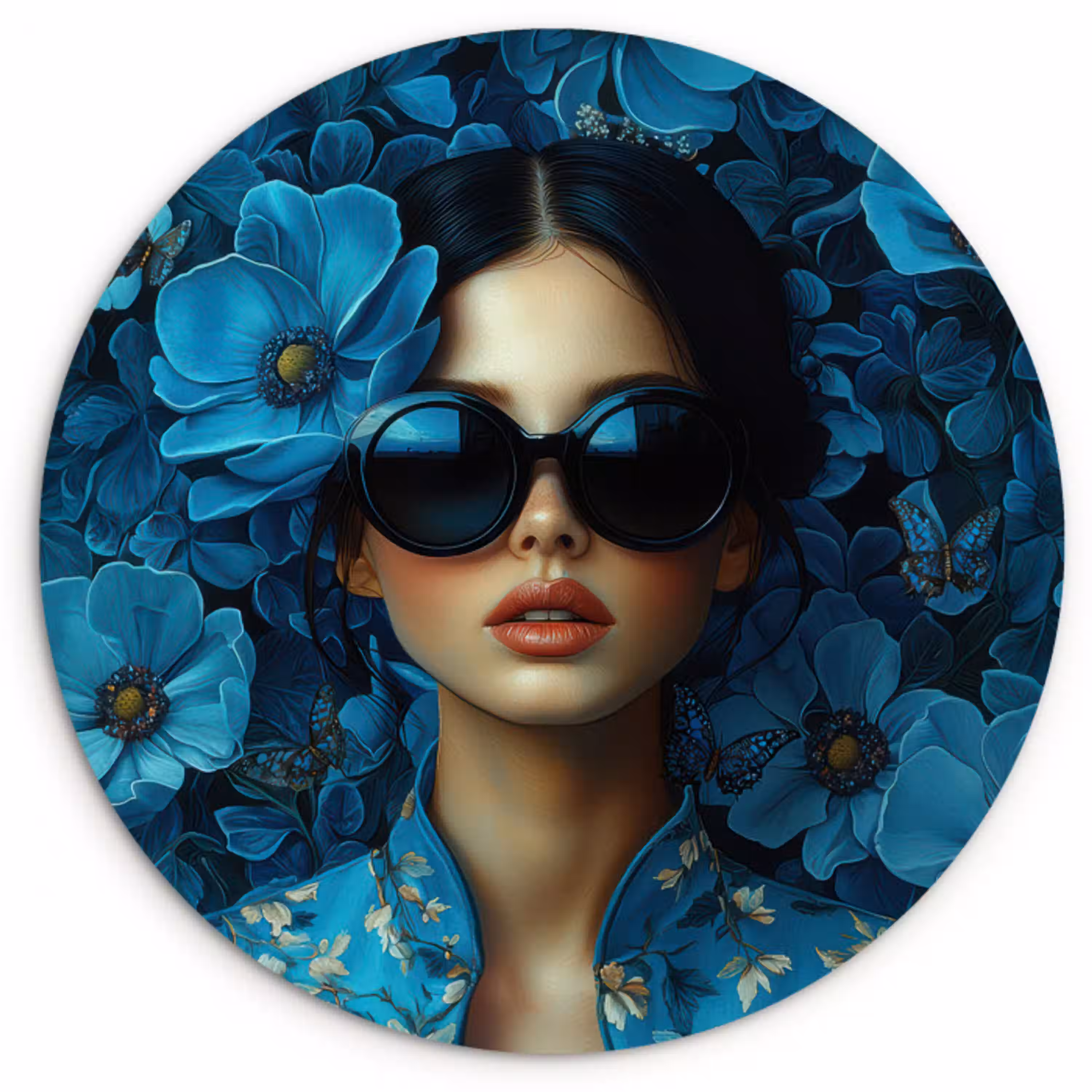 Vrouw - Bloemen - Blauw - Aesthetic - Luxe Wandcirkel plexiglas klein -3d