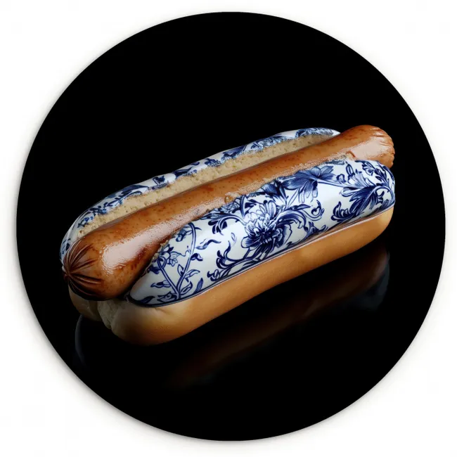 Hotdog - Porselein - Delfts blauw - Eten Wandcirkel kunststof plaat 5mm dik klein -3d