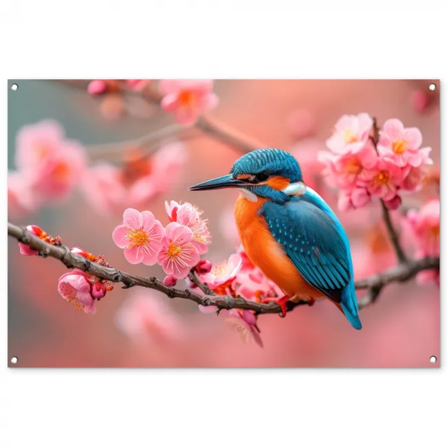 Tuinposter - IJsvogel tussen Kersenbloesems