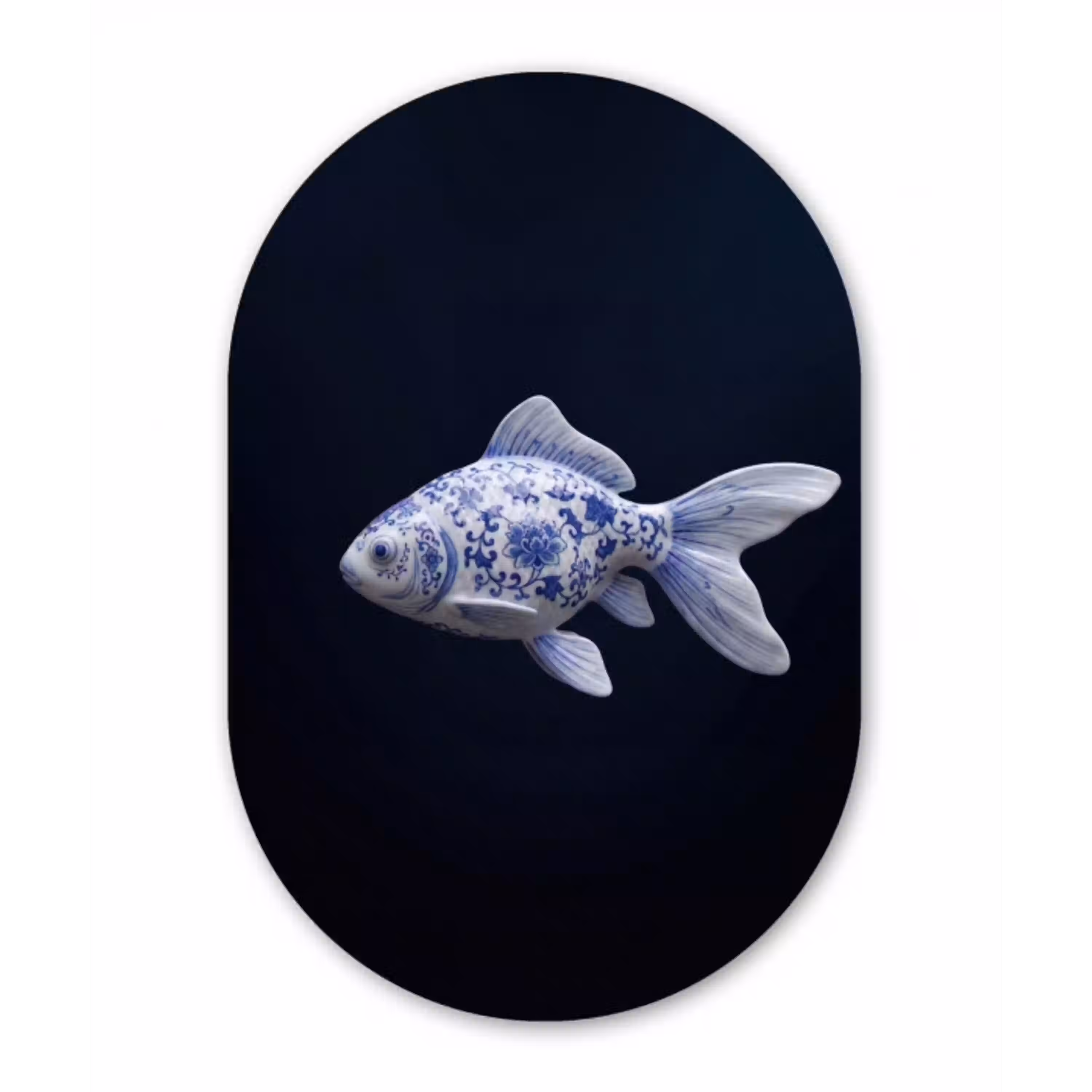 Porselein - Goudvis - Delfts - Blauw Wandcirkel Ovaal Aluminium middel -3d