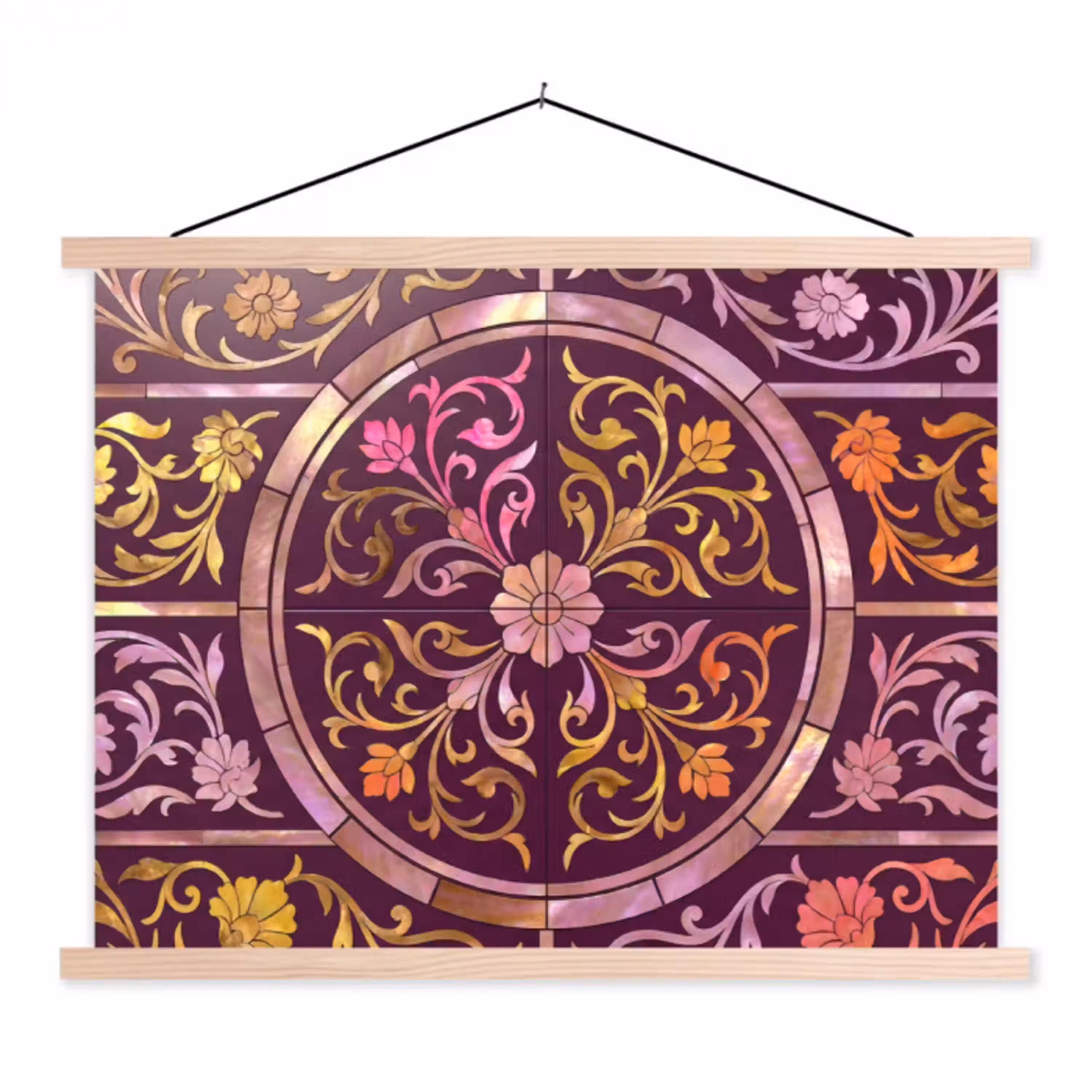 Patroon - Floraal - Oosters - Paars - Goud textielposter latten blank klein -3d