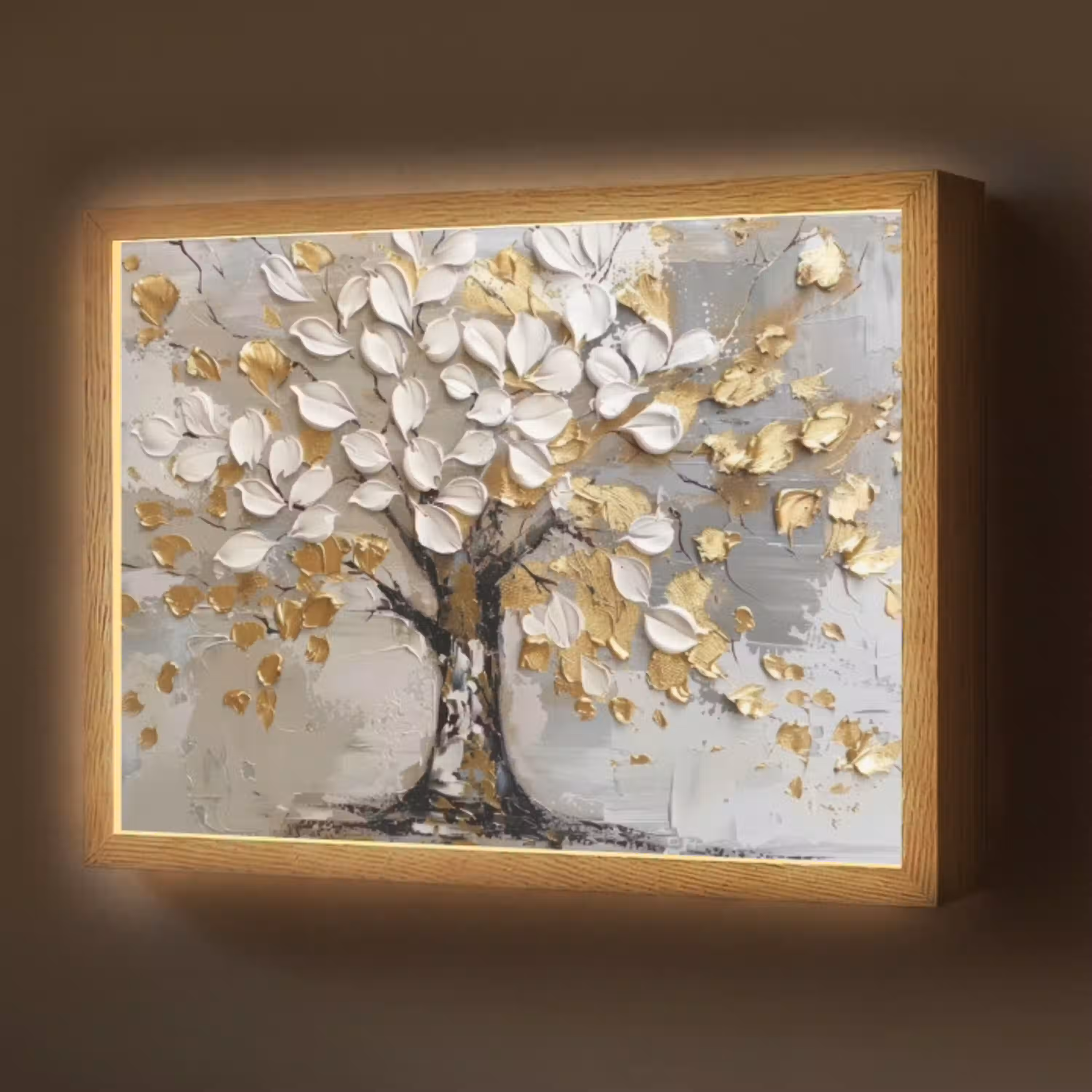 Boom - Beige - Grijs - Goud - Abstract Light Box met batterij (Wandlamp) middel -z3d_website