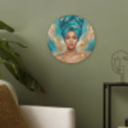 Portret - Vrouw - Schilderij - Blauw - Goud - Expressief Akoestische PET Vilt - Rond klein -sfeer2