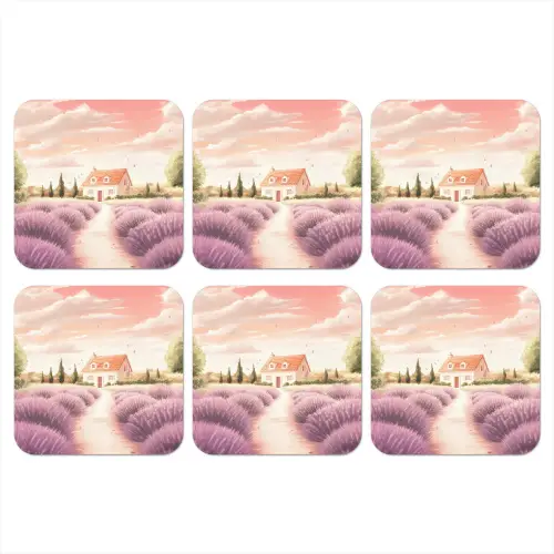 Lavendelveld - Huis - Paars onderzetter kurk middel -3d