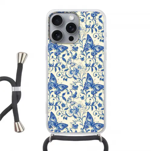Vlinders - Bloemen - Blauw - Botanisch Hoesje iPhone 16 Pro Max met koord klein 804 -3d