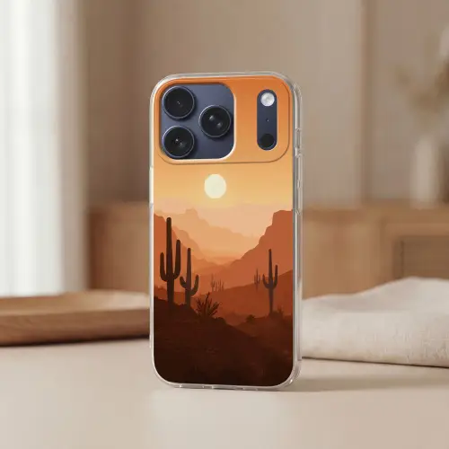 Landschap - Woestijn - Cactussen - Zon Telefoonhoesje iPhone 17 Pro klein -sfeer2