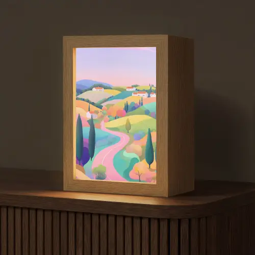 Landschap - Paars - Pastel - Huizen Light Box met kabel (Tafellamp) klein -z3d_website