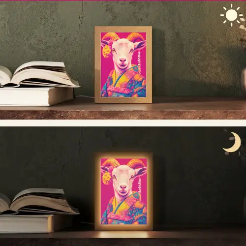 Geit - Hoorns - Kimono - Kleurrijk Light Box met kabel (Tafellamp) klein -sfeer3