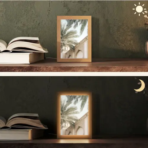 Gebouw - Palmbomen - Beige - Zon Light Box met kabel (Tafellamp) klein -sfeer3