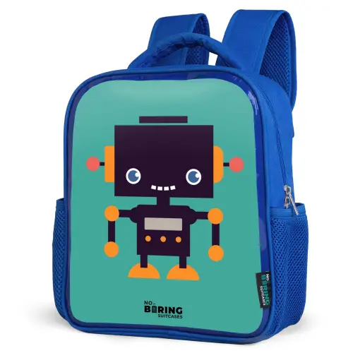 Zwarte robot met oranje accenten op een blauwe achtergrond Kinderrugzak - Blauw middel -schuin