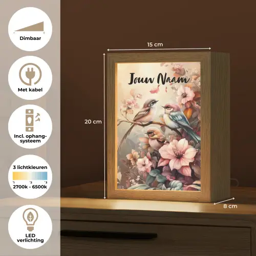 Vogels - Bloemen - Roze - Pastel Light Box met kabel (Kinderlampje) klein -USP_NL