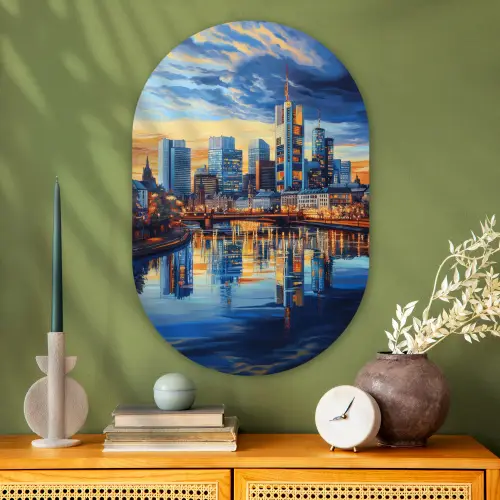 Zonsondergang Frankfurt - Stad - Skyline - Water Wandcirkel Ovaal Glas middel -sfeer2