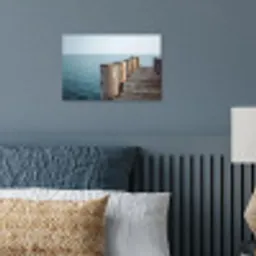 Houten steiger - Helderblauwe lucht poster papier klein -sfeer2