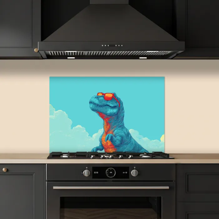 T-Rex - Blauw - Wolken - Zonnebril keuken achterwand spatscherm klein -sfeer1
