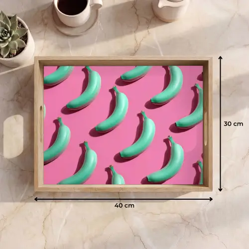 Bananen - Patroon - Blauw - Roze Dienblad Rechthoek middel -USP_Formaat
