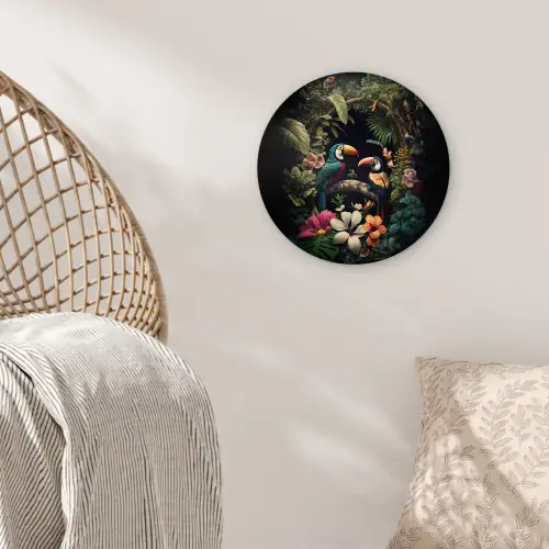 Vogel - Bloemen - Planten - Jungle - Zwart - Toekan Wandcirkel kunststof plaat 5mm dik klein -sfeer5