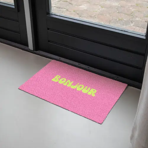 Roze - Groene bonjour - Organisch Deurmat klein -sfeer2