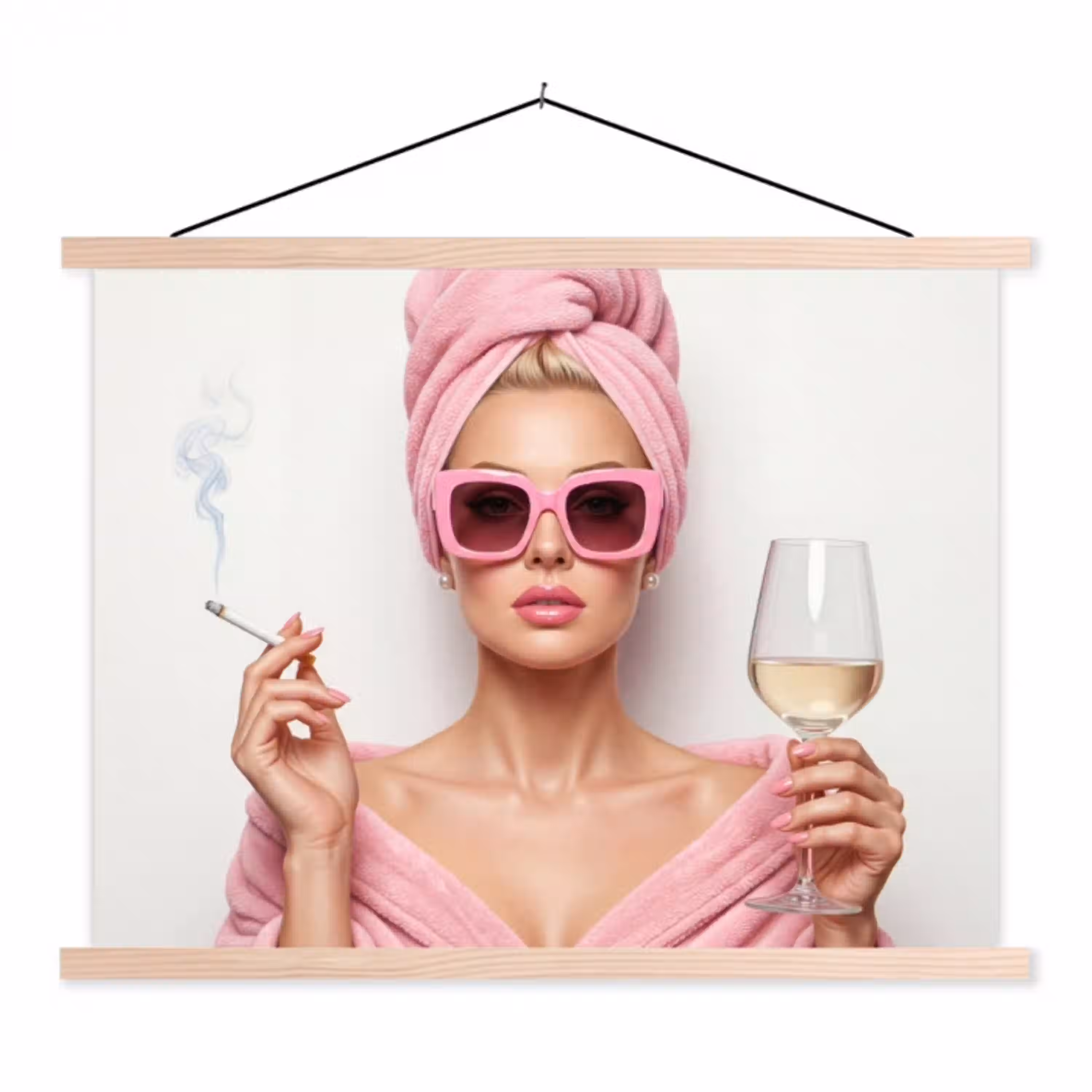 Vrouw - Roze - Wijn - Zonnebril textielposter latten blank klein -3d