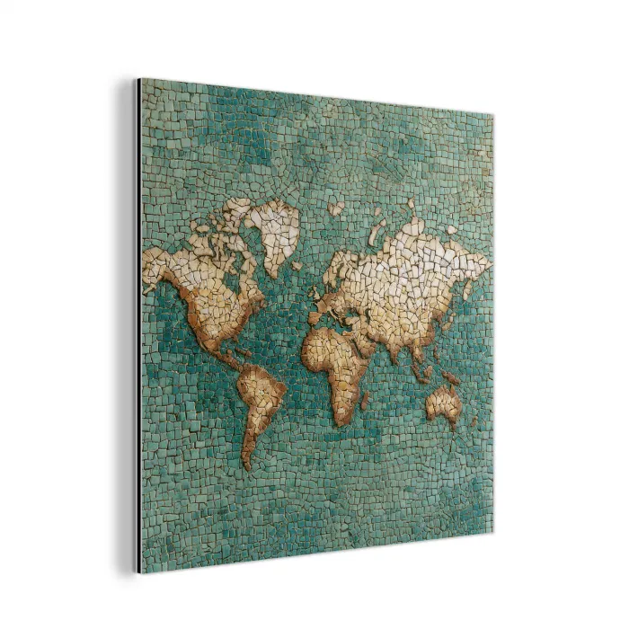 Wereldkaart - Gebroken tegels - Mozaïek aluminium wit klein -3d