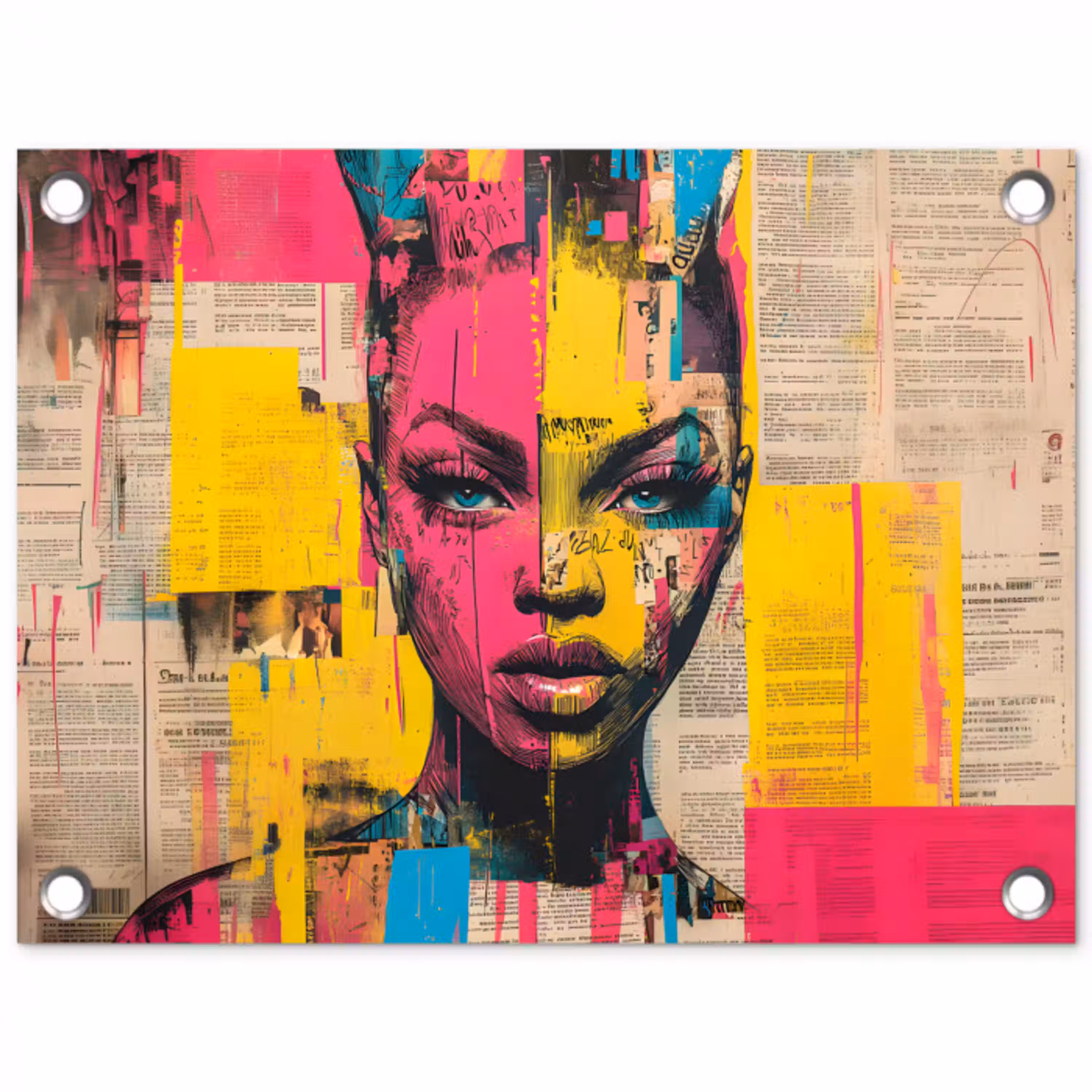 Vrouwengezicht - Krantenpapier - Abstract - Roze tuinposter los doek klein -3d