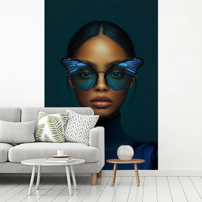 Vrouw - Vlinder - Bril - Blauw - Modern - Portret fotobehang vinyl groot -woonkamer