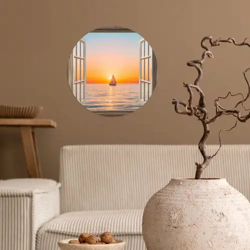 Doorkijk - Zee - Boot - Zonsondergang Wandcirkel behangsticker klein -sfeer1