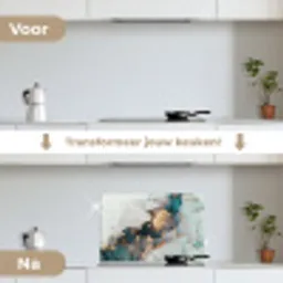 Marmer print - Goud - Blauw keuken achterwand spatscherm klein -voor_na_NL