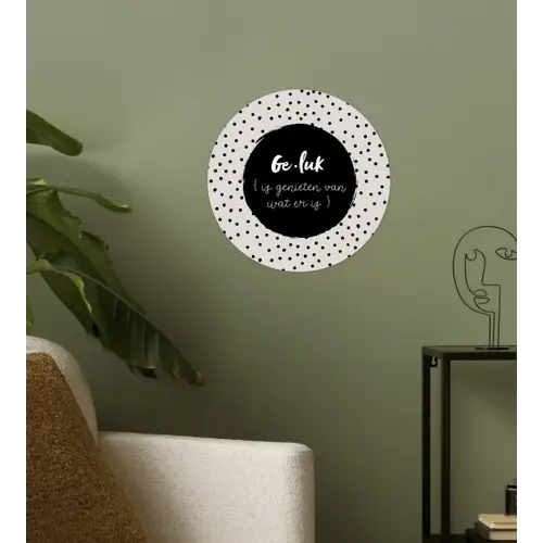 Tekst - Geluk definitie - Quotes - Geluk (is genieten van wat er is) - Woordenboek Wandcirkel behangsticker klein -sfeer2