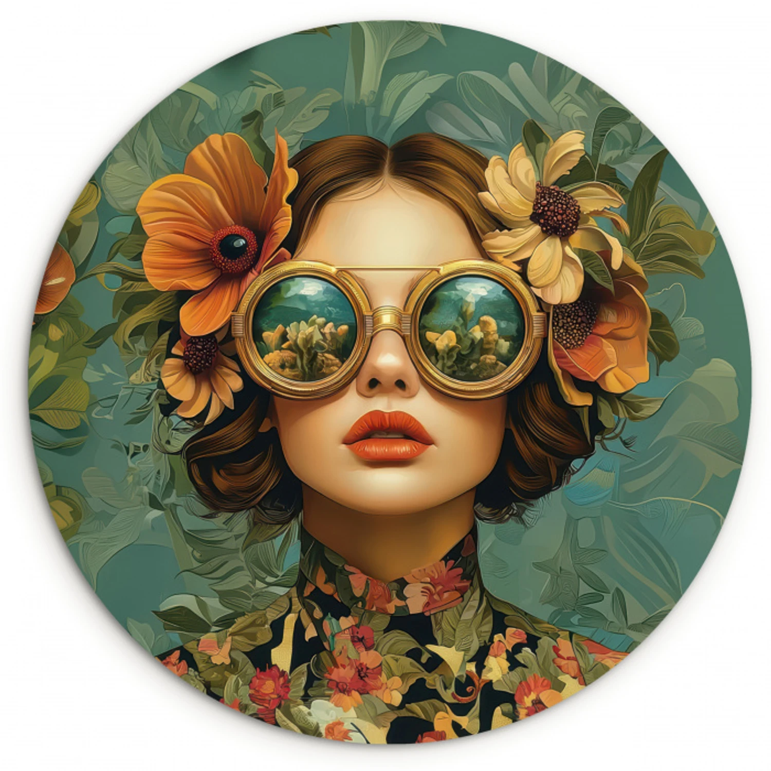 Vrouw - Bloemen - Vlinders - Natuur - Vintage Wandcirkel plexiglas klein -3d
