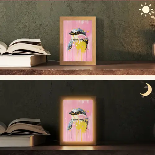 Vogel - Roze - Geel - Blauw Light Box met kabel (Tafellamp) klein -sfeer3