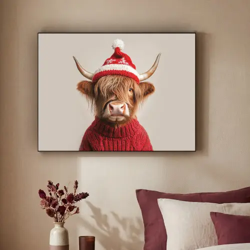 Schotse Hooglander - Kerst - Muts - Trui - Winter Textielframe zwart klein -sfeer1