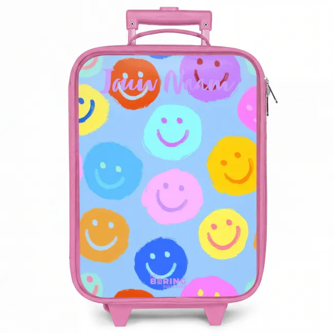 Kinderkoffer roze met naam - Vrolijk patroon van smileys