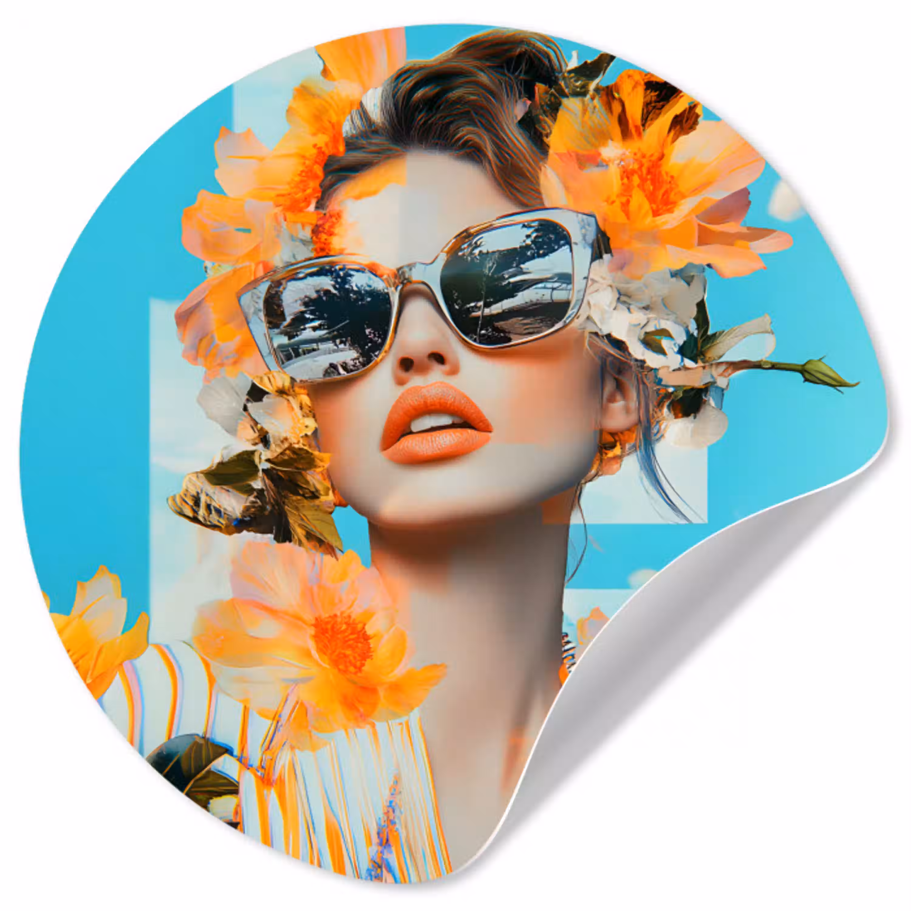 Bloemen - Vrouw - Zonnebril - Blauw Wandcirkel behangsticker klein -3d
