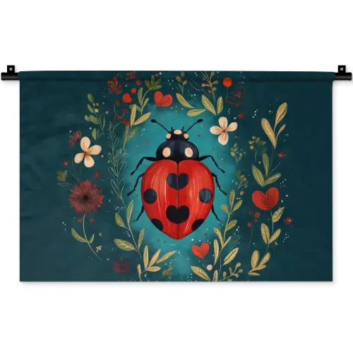 Bloemen - Lieveheersbeestje - Hartje - Rood Wandkleed katoen klein -zz3d