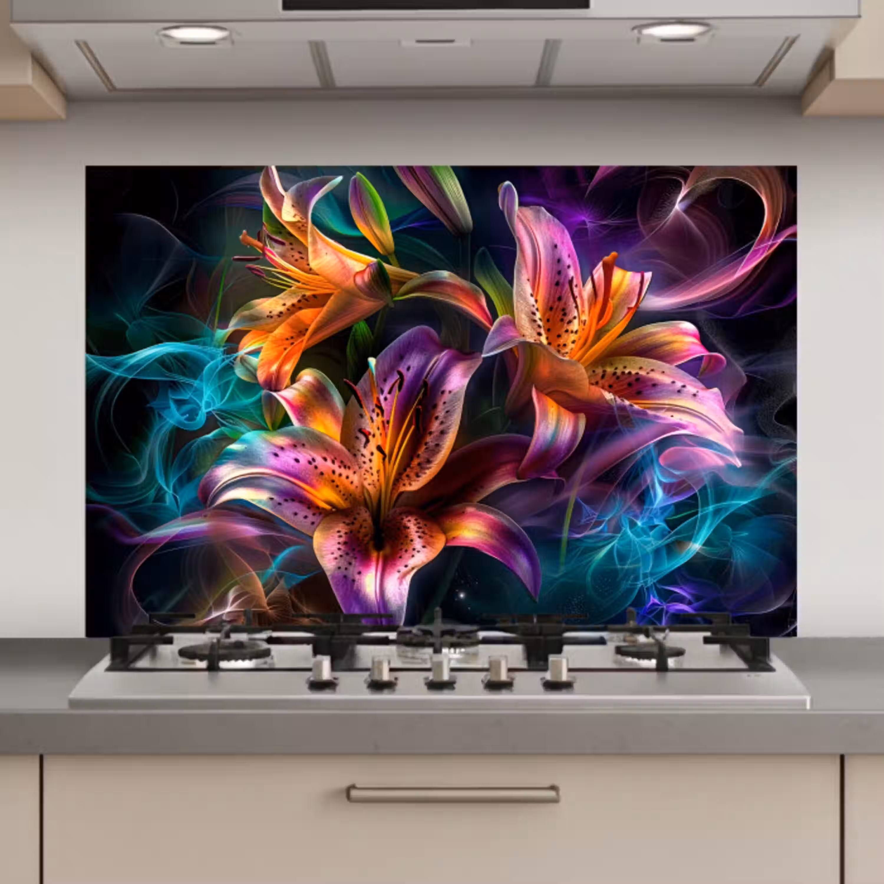 Bloemen - Kleurrijk - Zwart - Kunst keuken achterwand spatscherm klein -3d_website