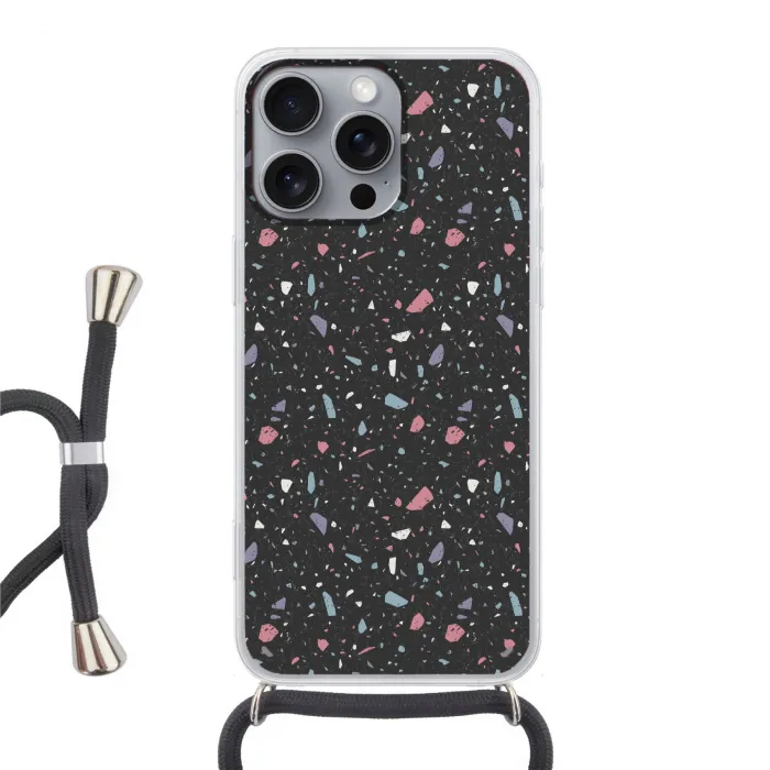 Terrazzo - Patroon - Zwart - Zacht Hoesje iPhone 16 Pro Max met koord klein 804 -3d