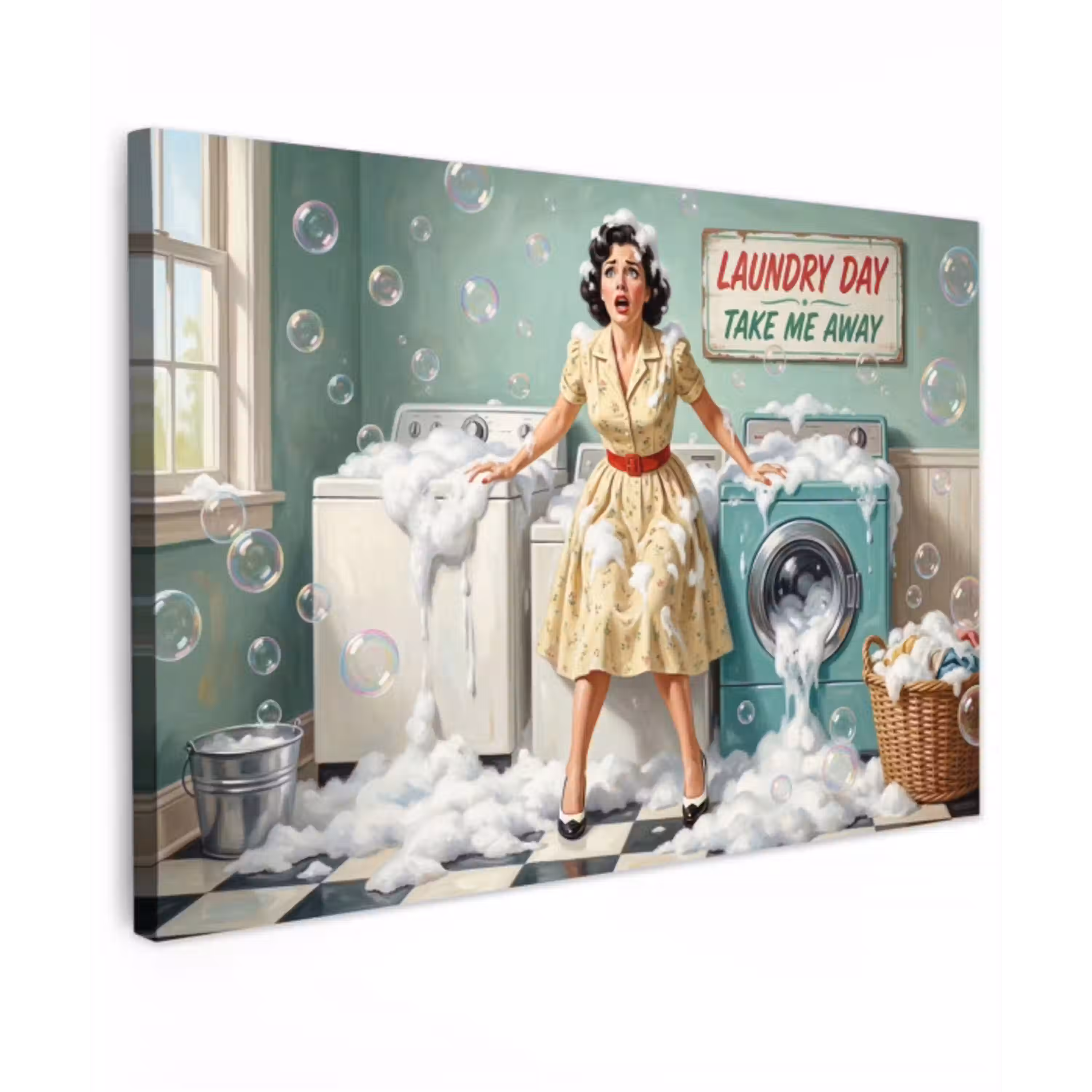 Retro - Blauw - Vrouw Tuinposter op houten frame 2 cm dik klein -3d