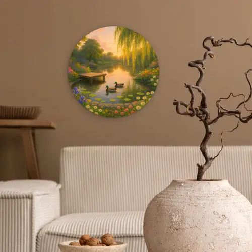 Eenden - Vijver - Bloemen Wandcirkel kunststof plaat 5mm dik klein -sfeer1