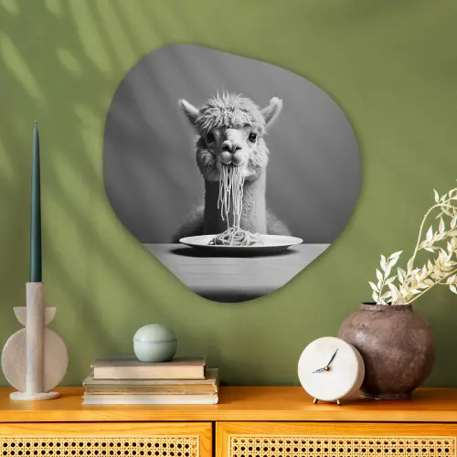 Alpaca - Pasta - Zwart - Wit - Grappig - Dieren Wandcirkel Organisch Aluminium middel -sfeer2