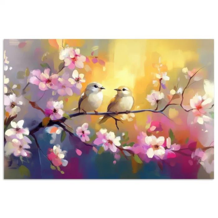 Vogels - Bloemen - Roze poster papier klein -3d