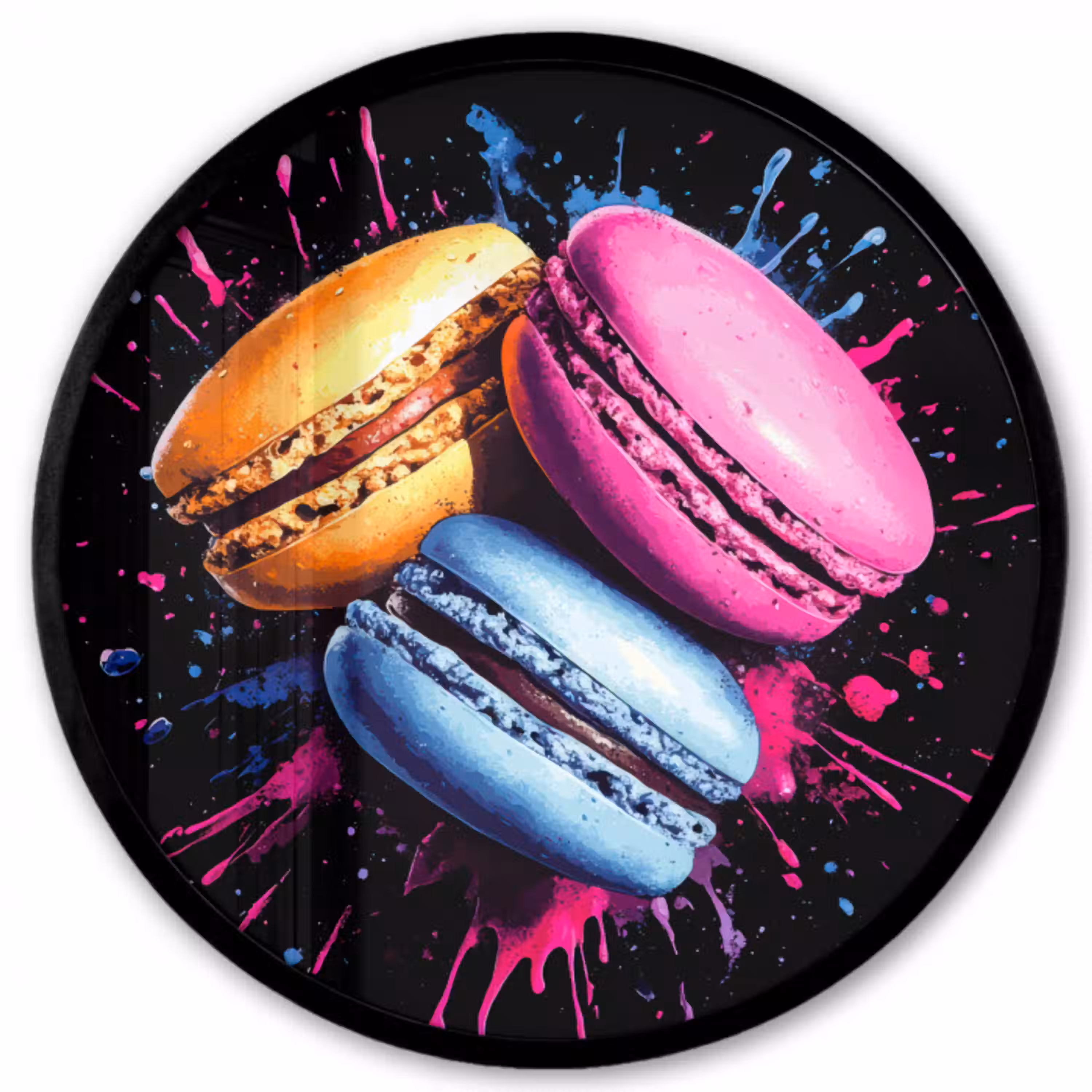Macarons - Dessert - Graffiti - Kleurrijk - Roze - Blauw - Geel Fotolijst rond zonder passe partout klein -3d