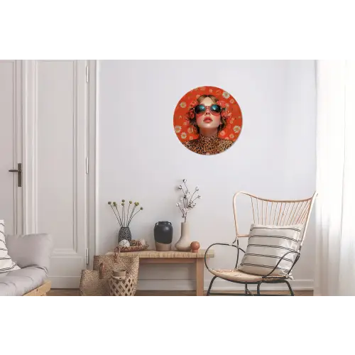 Vrouw - Kleurrijk - Dierenprint - Bloemen Wandcirkel aluminium klein -woonkamer