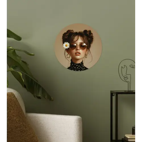 Vrouw - Beige - Bloem - Modern - Portret Wandcirkel behangsticker klein -sfeer2