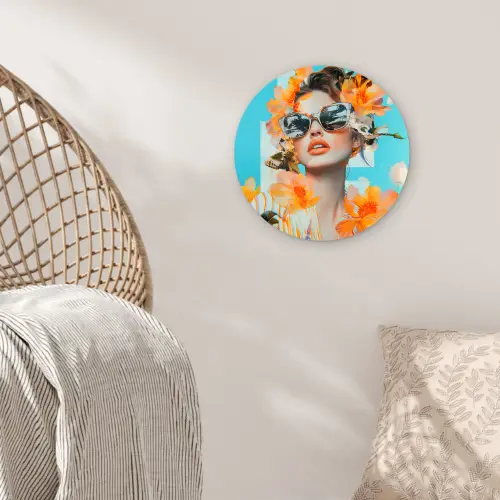 Bloemen - Vrouw - Zonnebril - Blauw Wandcirkel kunststof plaat 5mm dik klein -sfeer5