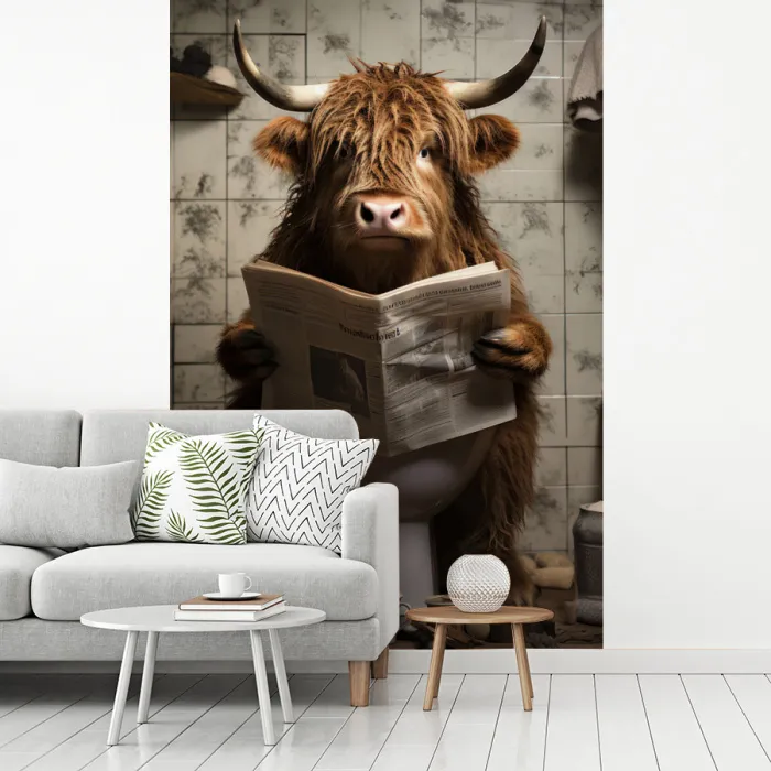 Schotse hooglander - Toilet - Krant - Badkamer fotobehang vinyl groot -woonkamer