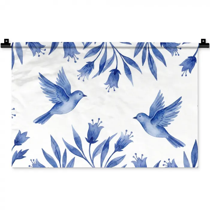 Modern - Vogels - Delfts - Blauw Wandkleed katoen klein -zz3d
