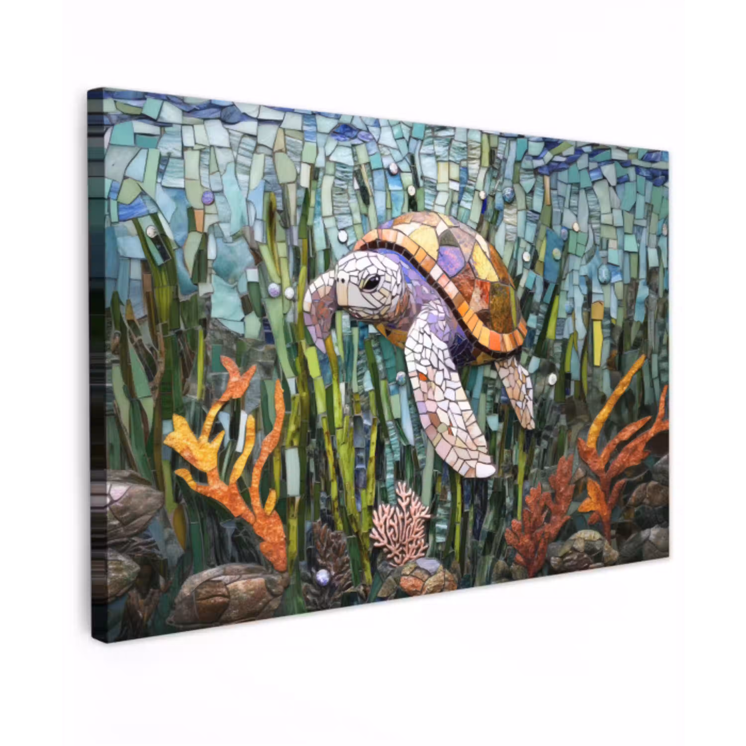 Schildpad - Zeewier - Mozaïek Tuinposter op houten frame 2 cm dik klein -3d