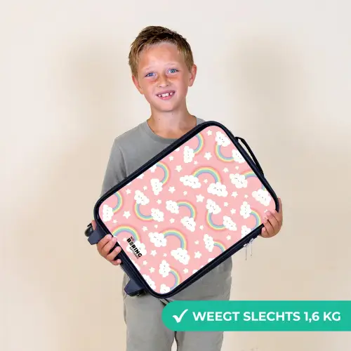 Roze met regenboog patroon Kinderkoffer - Zwart klein -sfeer4_NL